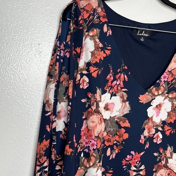 Lulu's Pink Navy Floral Cold Shoulder Long Sleeve Mini Dress Size Small - Picture 3 of 5